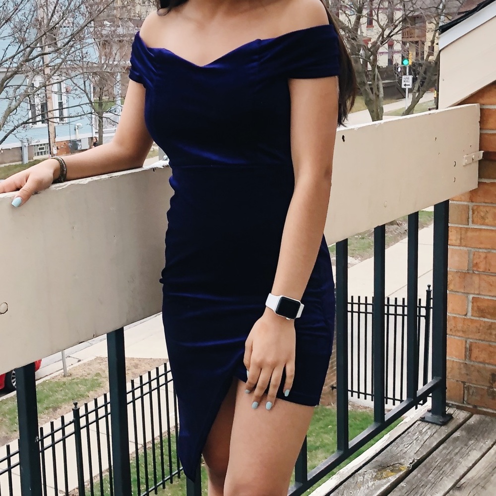 Akira Velvet Navy off the shoulder dress